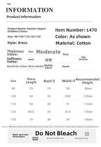Tabla detallada de tallas e instrucciones de lavado para vestido princesa niña 90-130 cm