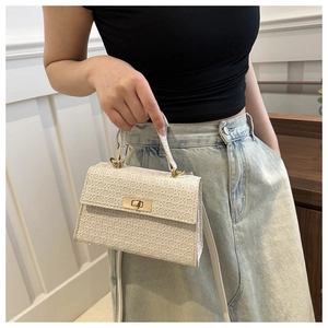 Detailed view of cream leather woven mini bag with gold twist lock and semi-round handle