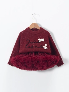 Girls Christmas Knitted Sweater And Tutu Skirt Set Bowknot Embroidered Wine Red Skirt Suit For Kids Holiday Outfit