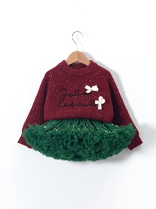 Christmas toddler girls burgundy knit sweater with white bows and green tutu skirt outfit