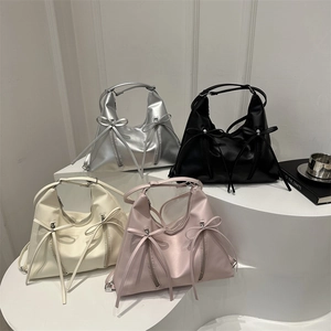 Borsa a Tracolla in Pelle PU con Fiocco alla Moda Borsa a Secchiello a Grande Capacità Tinta Unita Borsa a Mano da Donna