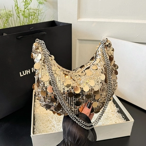 Sparkling gold sequin saddle bag with silver chain strap for evening events