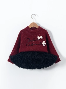 Girls' wine red knit sweater with bows and black tutu skirt two-piece outfit set