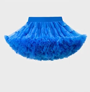 Macro detail of royal blue layered tulle tutu skirt with high density mesh ruffles