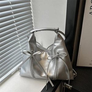 Fashion Women Large Capacity Tote Bag Korean Minimalist PU Leather Shoulder Bag With Bowknot Ribbon And Double Zipper