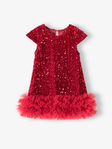 Dettaglio del corpetto con paillettes rosse e volant in tulle dell'abito da festa