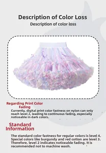 Detailed fabric guide for rainbow tutu skirt showing nylon material and print quality