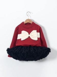 Girls red knit sweater with white bow and black mesh tutu skirt festive outfit set
