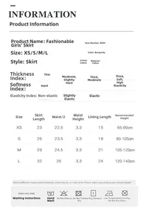 Size chart for girls wine red tutu skirt with detailed measurements and care instructions