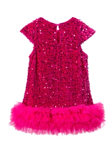 Détail du corsage à paillettes brillantes et des volants en tulle de la robe fille