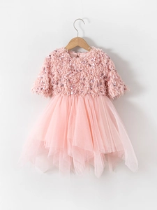 Robe de Princesse à Paillettes et Glands pour Filles Polyester Maille Superposée Col Rond Manches Courtes Robe de Fête Anniversaire Enfant