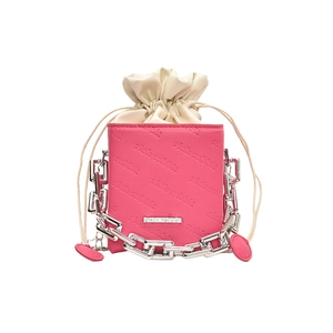 Pink leather bucket bag with rich rabbit embossed pattern and chunky silver chain strap