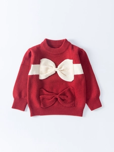 Red knit sweater for girls featuring elegant double 3D bow details and ribbed trims