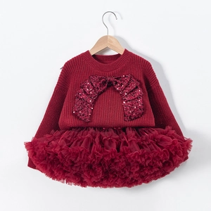 Detail of burgundy tutu dress with sequin bow and layered mesh skirt for girls