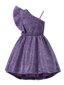 Robe en Paillettes Violettes pour Filles Une Épaule Volants Robe de Princesse Concours Banquet Fête Performance Robe High-Low Enfants