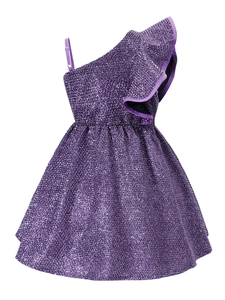 Robe de soirée violette pailletée pour fille avec froufrous et épaule nue