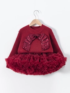 Girls Festive New Year Outfit Red Knit Sweater With Sequin Bow And Pom-poms Tutu Mesh Skirt Princess Party Clothing Ensemble
