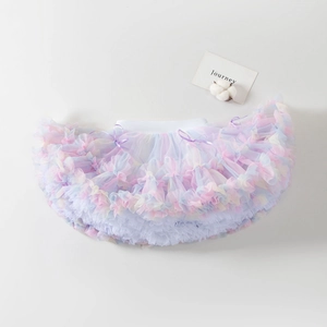 Detailed view of multilayered macaron gradient mesh and silk bows on the tutu skirt