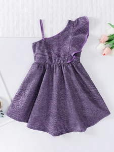 Robe de soirée violette scintillante pour fille avec volants et effet métallisé