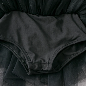 Detail of black ballet tutu dress showing layered tulle skirt and elastic bodysuit bottom