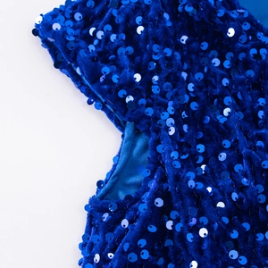 Détail de tissu à paillettes bleu roi avec base en velours et doublure en satin