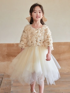 Robe de princesse champagne pour fille avec corsage à paillettes et jupon en tulle