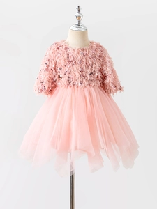 Robe princesse rose pour filles avec pompons à paillettes et jupe en tulle multicouche