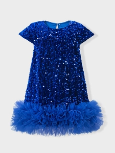 Robe de soirée bleu foncé à paillettes pour fille avec jupe en tulle multicouche évasée