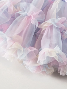 Detail showing multi-layer pleated pastel mesh and gradient ruffle texture on tutu skirt