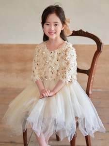 Robe de princesse champagne pour filles avec paillettes et jupe en tulle multicouche