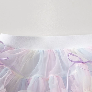 Detailed close-up of macaron pastel tulle layers and purple ribbon bow on tutu skirt