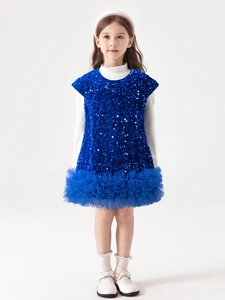 Abito da festa blu con paillettes per bambina con gonna in tulle e maglia a maniche lunghe