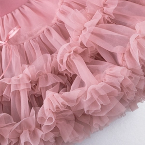 Detail of pink tutu skirt featuring multi-layered mesh ruffles and a satin bow