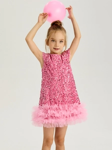 Abito rosa con paillettes per bambina e gonna in tulle soffice per compleanni