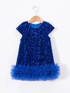 Abito da festa blu scuro con paillettes per bambine e gonna in tulle multistrato elegante
