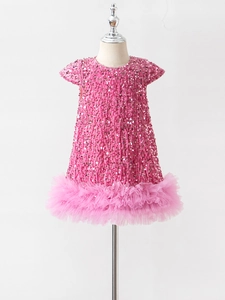 Robe de soirée rose à paillettes pour filles avec jupon en tulle et sans manches