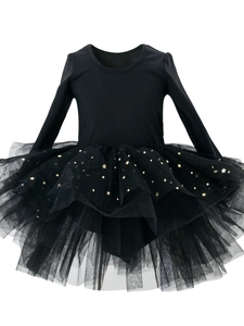 Girls Long Sleeve Ballet Tutu Dress Shiny Star Moon Sequin Mesh Princess Performance Dancewear Kids Toddler Outfit