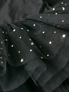 Long sleeve girls ballet tutu skirt with golden stars and moon patterns on black mesh