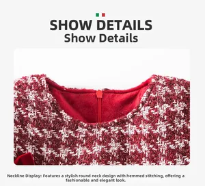 Detalle de vestido infantil de pata de gallo roja con cremallera invisible y cuello redondo