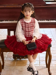Elegante vestido de princesa rojo para niñas con chaleco de tweed y falda de tul blanco