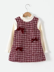 Conjunto de vestido de princesa de tweed rojo y jersey de cuello alto para niña