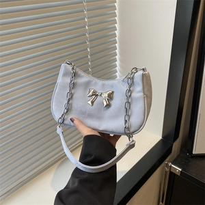 Sweet Korean Style Bow Underarm Bag For Women PU Leather Chain Shoulder Bag Minimalist New Moon Handbag Daily Casual Women Accessory
