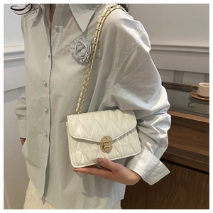 Close-up of a white quilted crossbody bag with a gold twist lock and chain strap