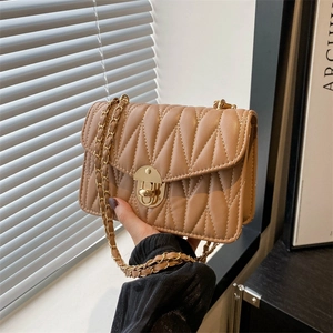 Fashionable khaki quilted square crossbody bag with gold chain strap and metal lock