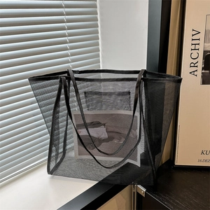 Minimalist black large capacity mesh tote bag with long shoulder straps for summer