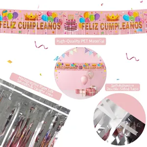 Pink Feliz Cumpleaños banner set with laser fringe curtains for birthday party decor