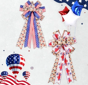 Detail of Independence Day burlap bows with American flag stars and vintage truck patterns