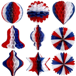 9-piece red white blue honeycomb paper ornaments for Independence Day party decorations