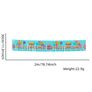 Detail view of Feliz Cumpleaños banner showing 30cm height and 2m length measurements