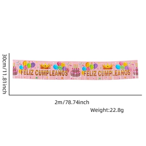 Pink Feliz Cumpleaños birthday banner with foil tassels and festive party patterns